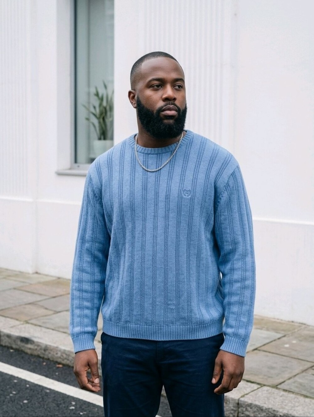 Chaps Blue Crewneck Sweater with Ribbed Knit and Relaxed Fit